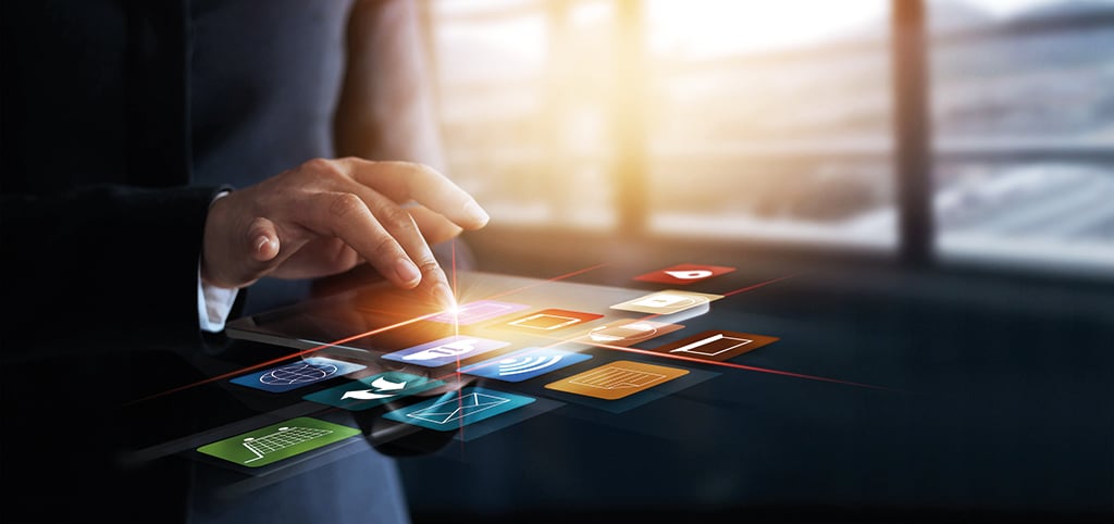 business woman using mobile payments online shopping and icon customer network connection on virtual screen, m-banking and omni channel