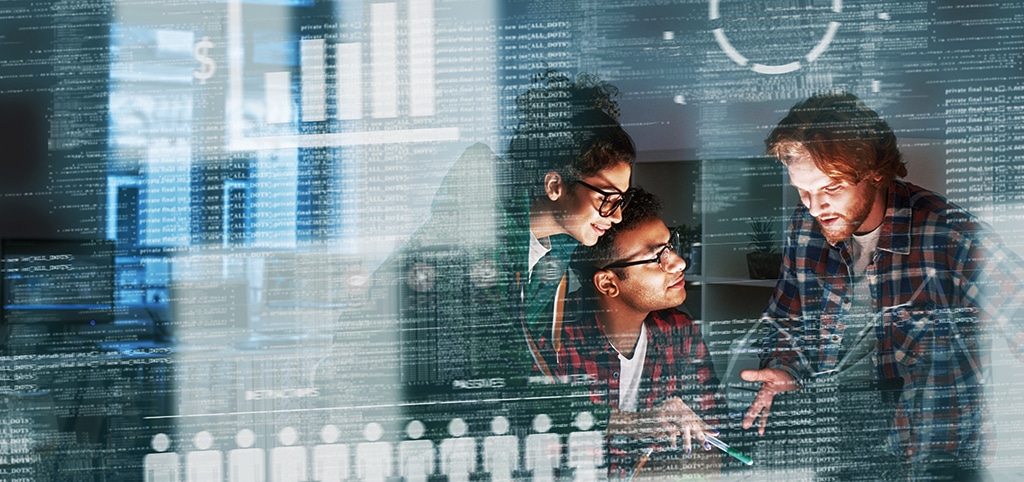 Young team of marketing department are looking over the data