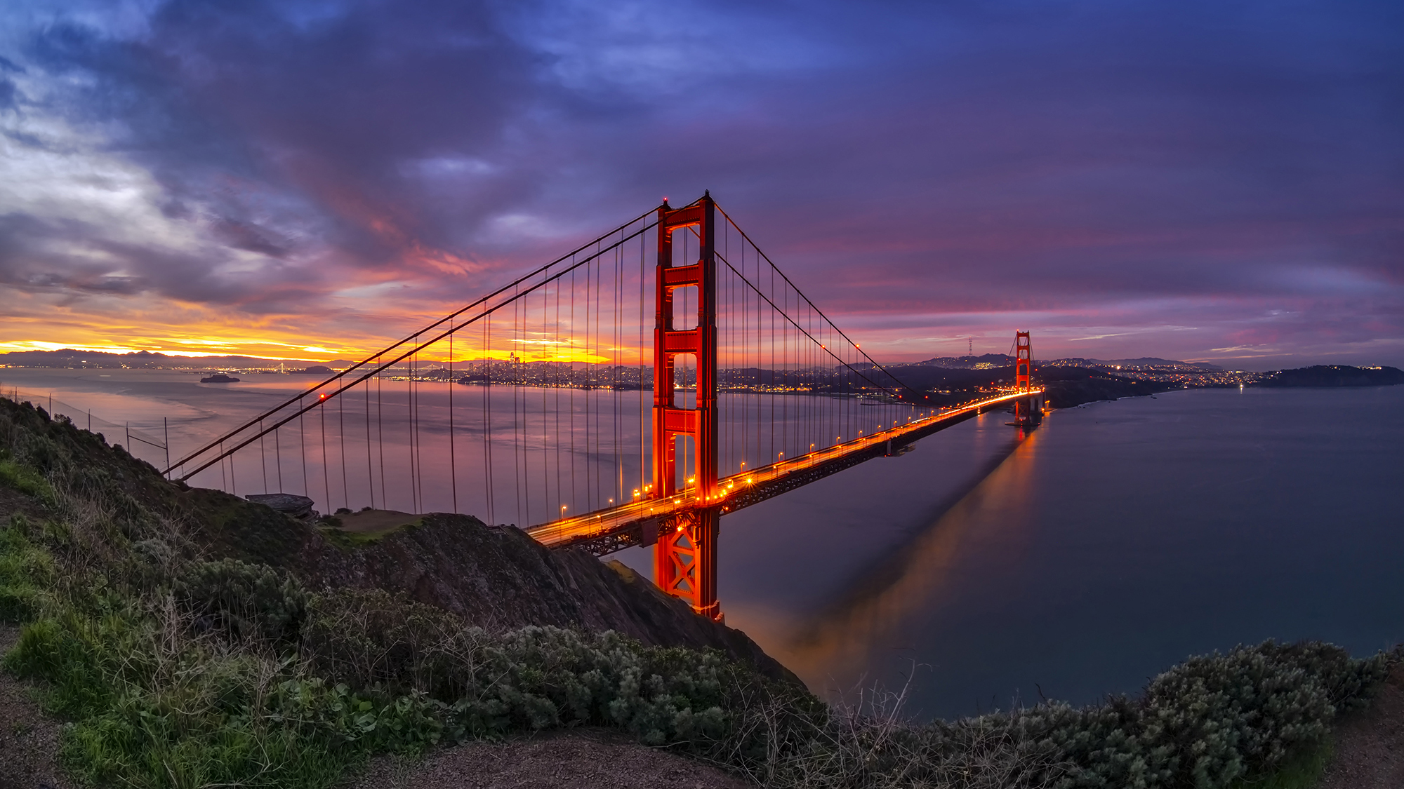 San Francisco Bay and Golden Gate Bridge at sunrise.