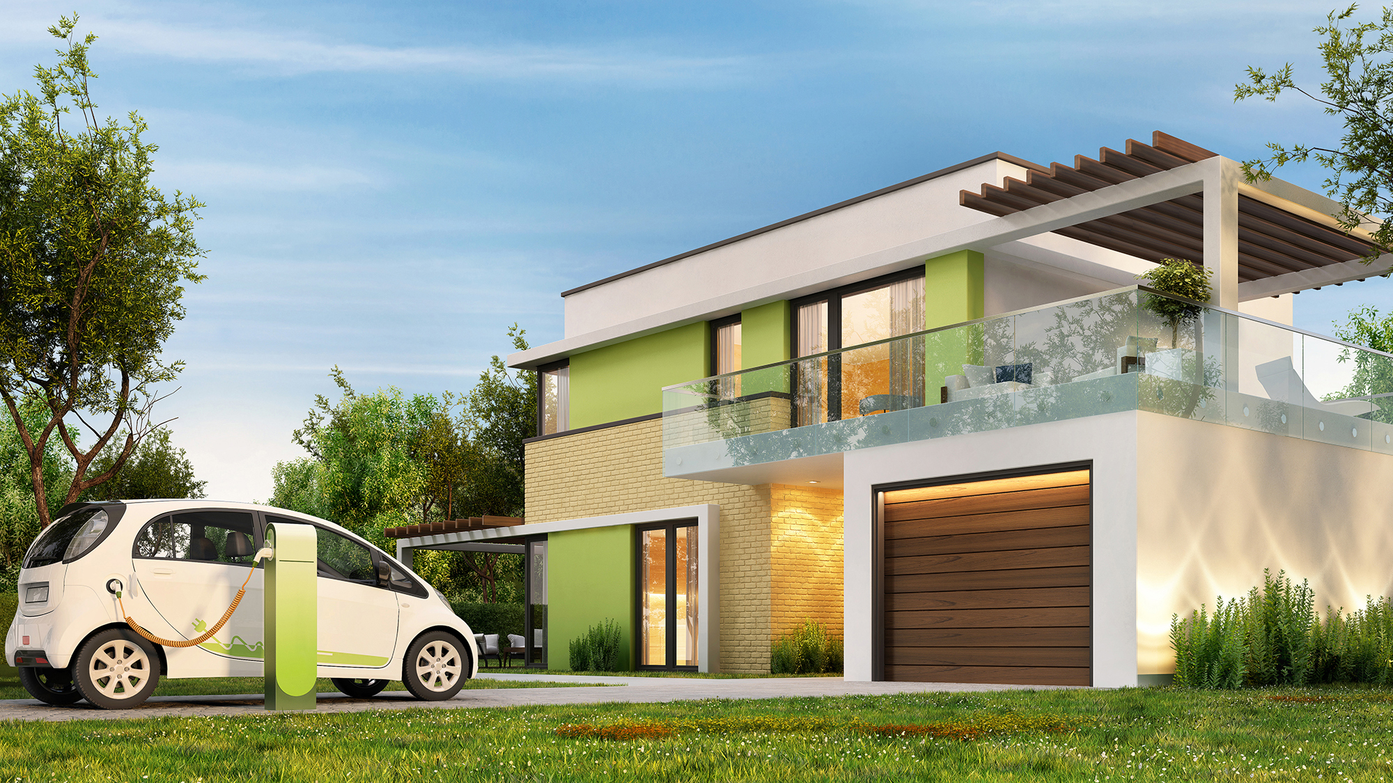 Modern house and electric car