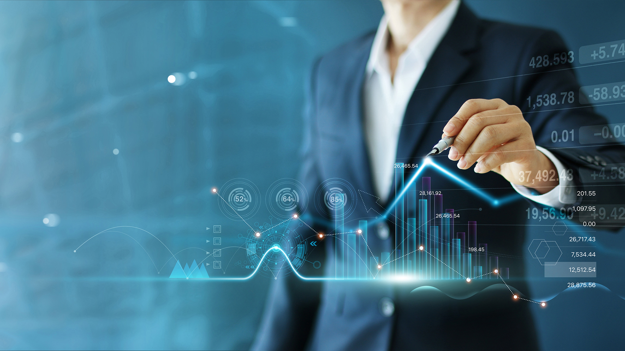 Businessman draw growth graph and progress of business and analyzing financial and investment data ,business planning and strategy on blue background.