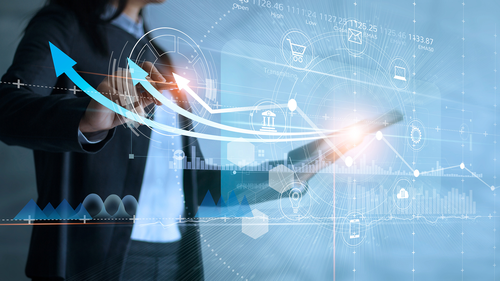 Business woman using tablet analyzing sales data and drawing growth graph with icon customer network connection on virtual interface, Business strategy, Digital marketing.