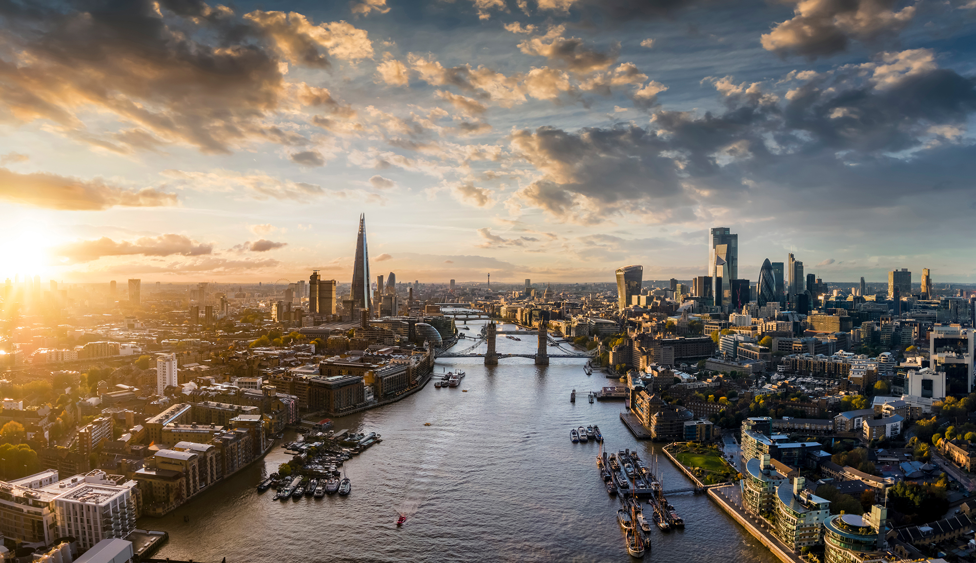 Panoramic view to the skyline of London, United Kingdom, during sunset time