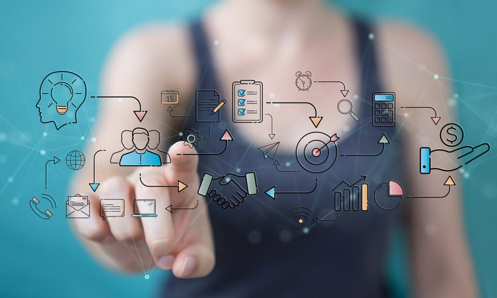 Businesswoman on blurred background protecting her datas with thin line security interface