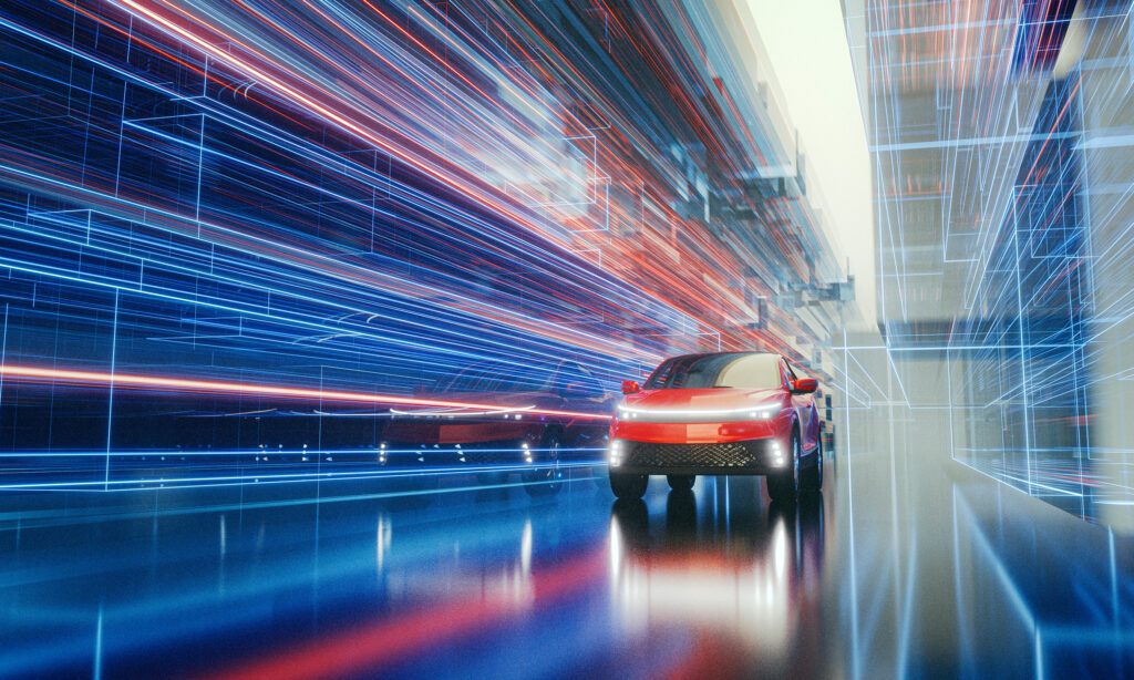 Generic modern car speeding on the street