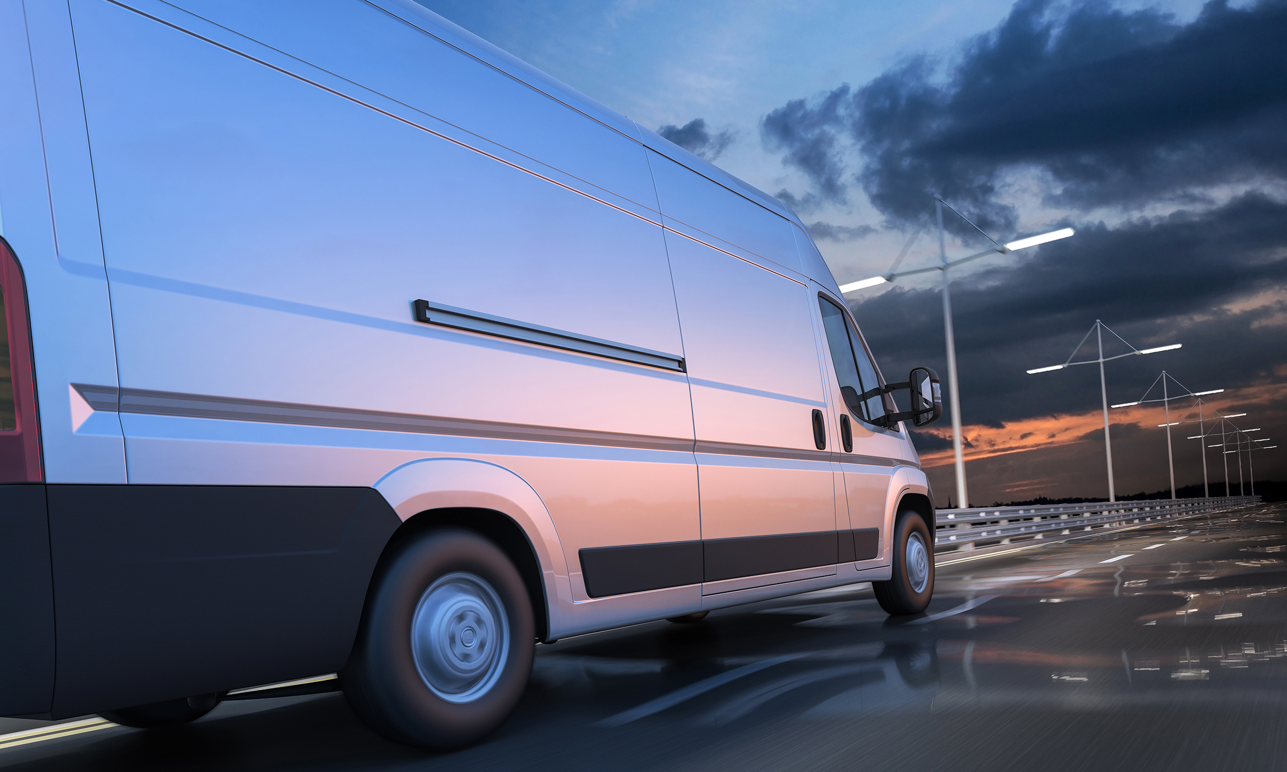 3d rendering of generic van on the road at dawn