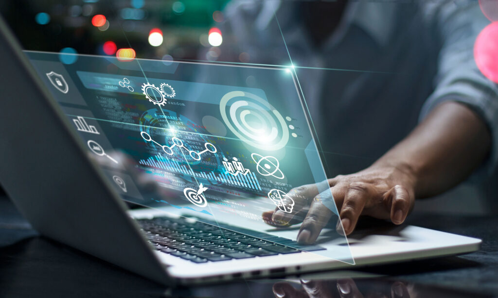 Data scientists. Male programmer using laptop analyzing and developing in various information on futuristic virtual interface screen. Algorithm. marketing and deep learning of artificial intelligence