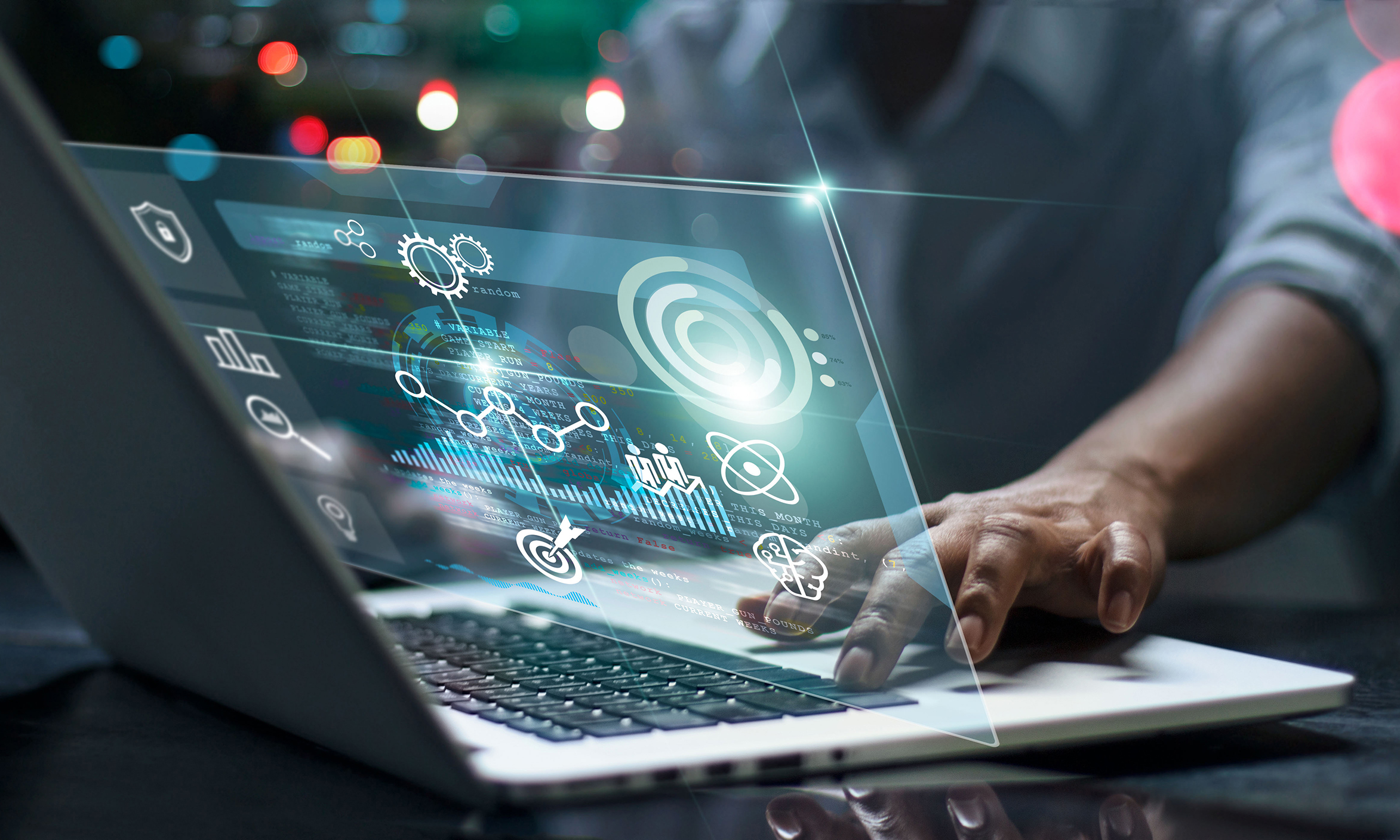 Data scientists. Male programmer using laptop analyzing and developing in various information on futuristic virtual interface screen. Algorithm. marketing and deep learning of artificial intelligence