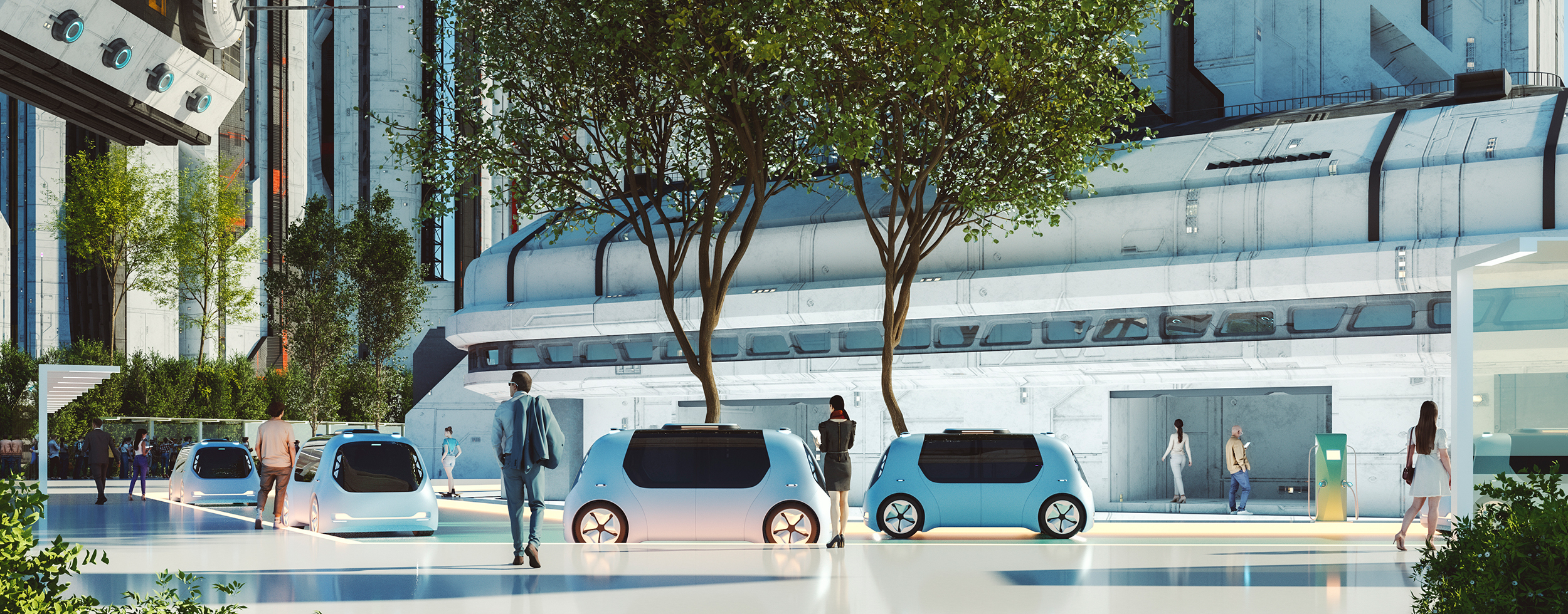Futuristic city center with electric vehicles and people