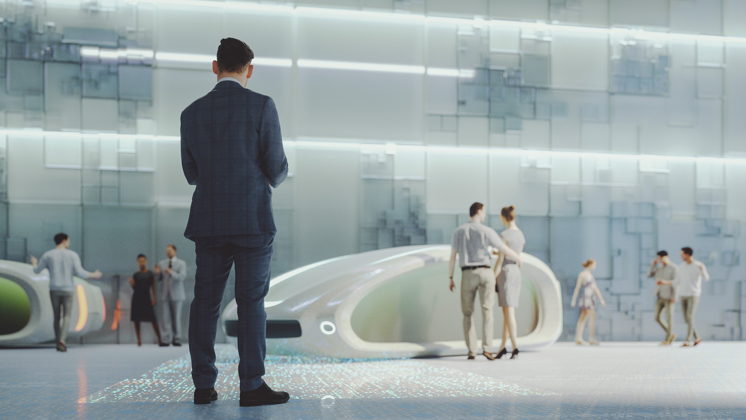 Futuristic street with people and vehicles