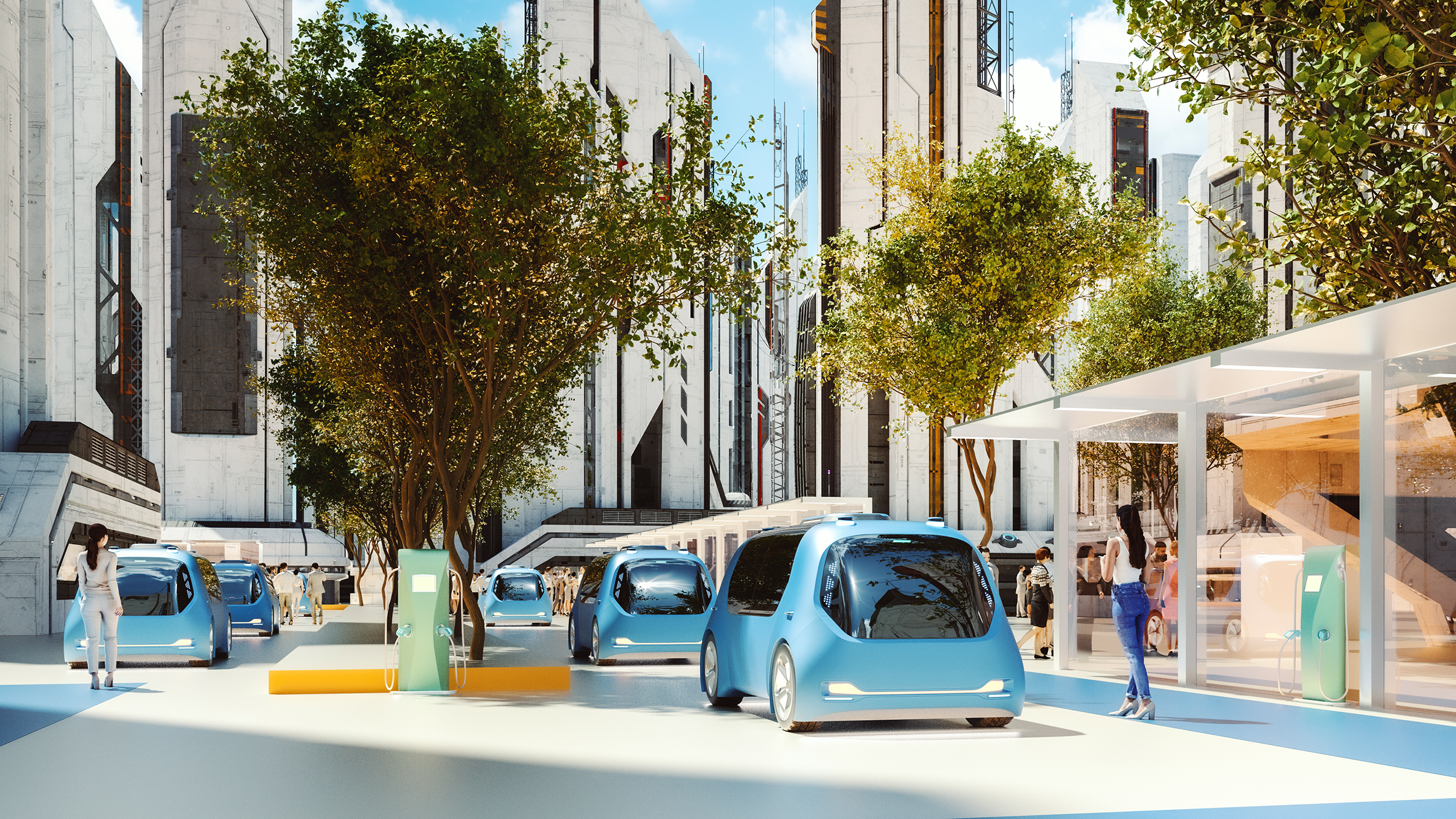 Futuristic city center with electric vehicles and people