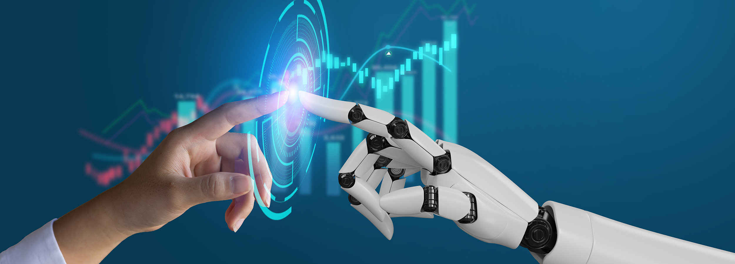 AI, Machine learning, robot hand ai artificial intelligence assistance human touching on big data network connection background, Science artificial intelligence technology, innovation and futuristic.