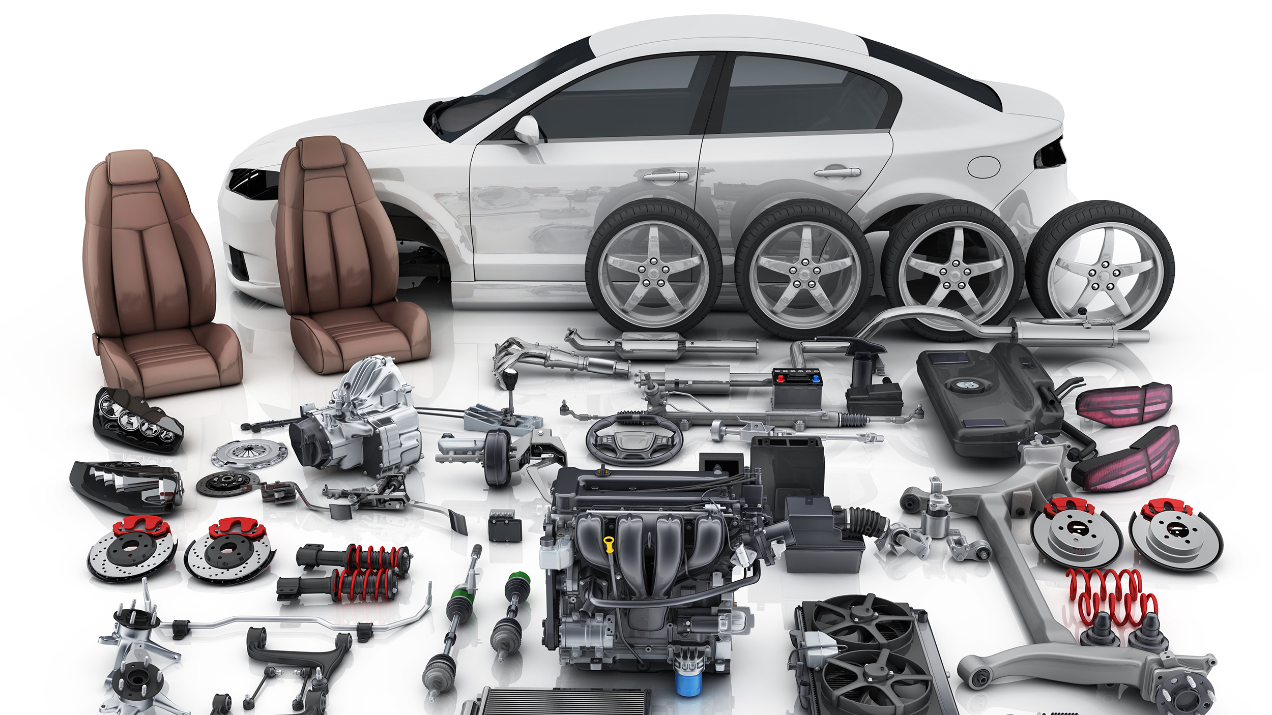 Car body disassembled and many vehicles parts
