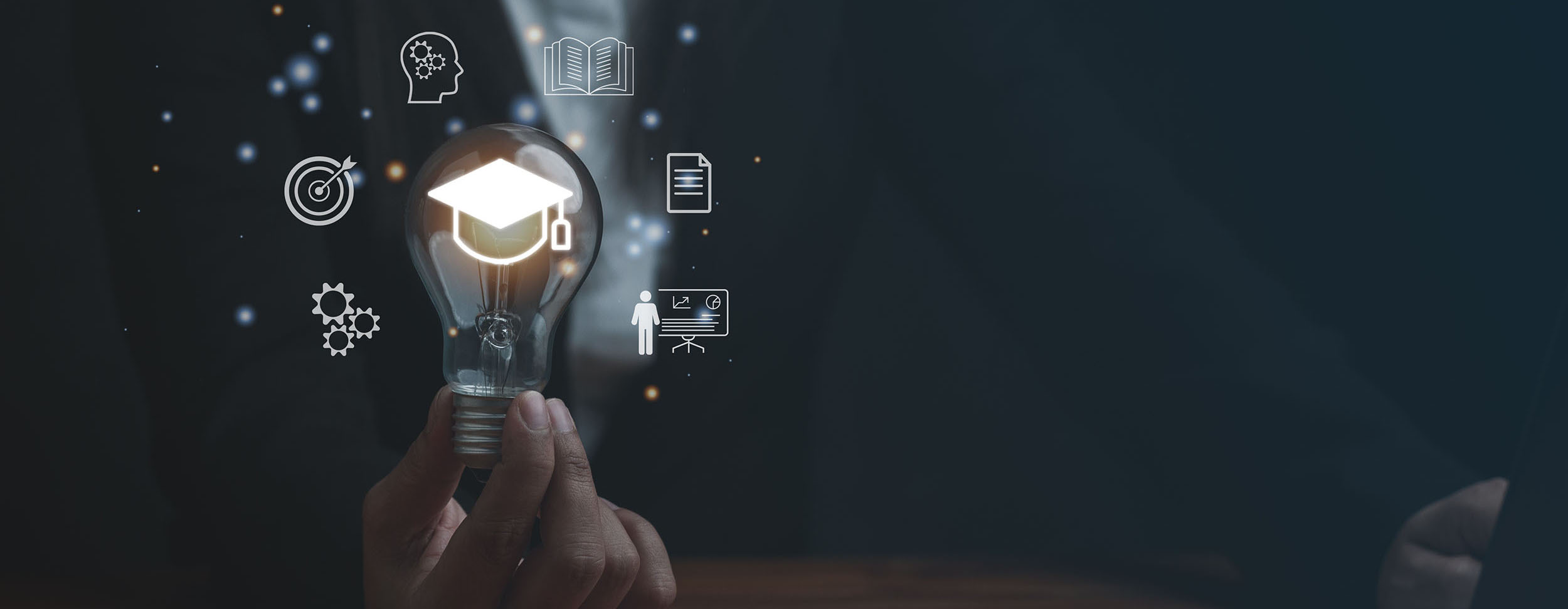 Woman holding lightbulb showing graduation hat, Internet education course degree study knowledge to creative thinking idea and problem solving solution. E-learning graduate certificate program concept