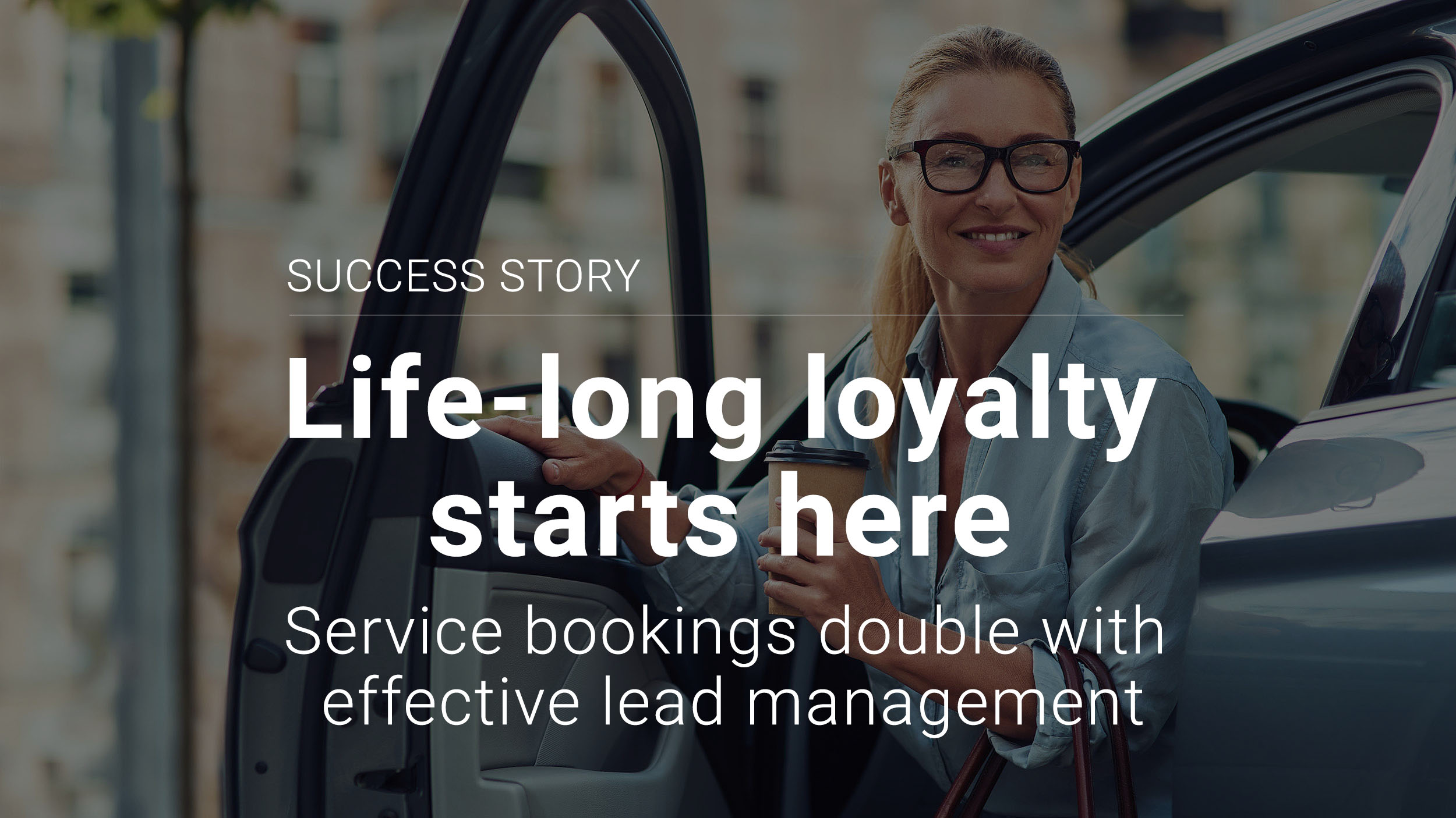 Morning with coffee. Fashionable smiling middle aged business woman holding paper cup of coffee and getting out of her car, she is arriving at work