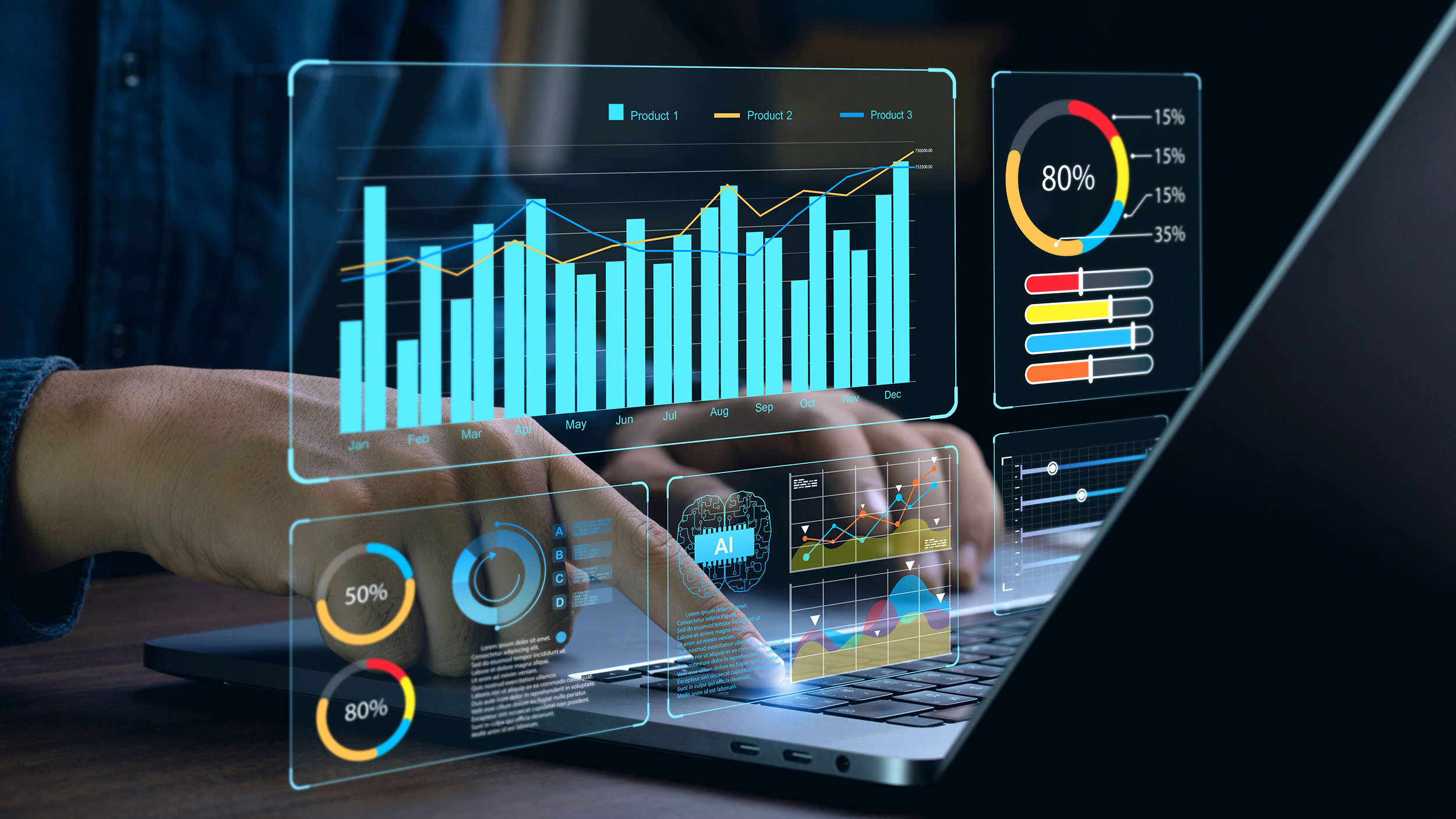Businessman works on laptop Showing business analytics dashboard with charts, metrics, and KPI to analyze performance and create insight reports for operations management. Data analysis concept.Ai