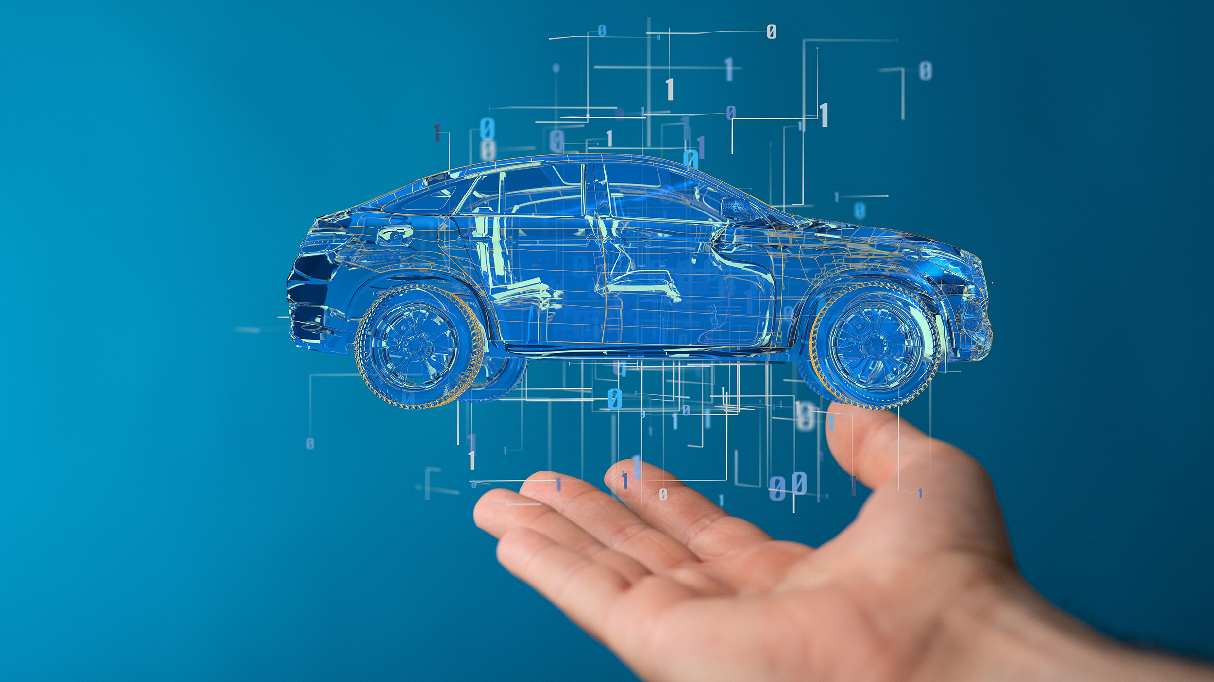 Closeup of a 3D rendering of autonomous driving with an electric car on a man's hand