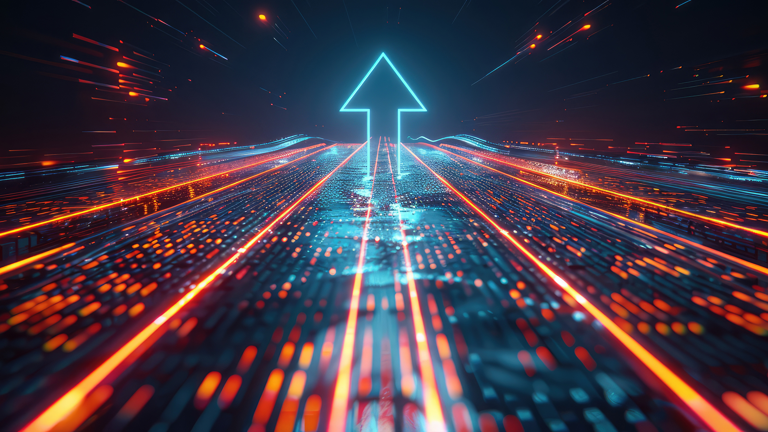 Futuristic Road with Glowing Lines and an Illuminated Arrow. AI generated illustration