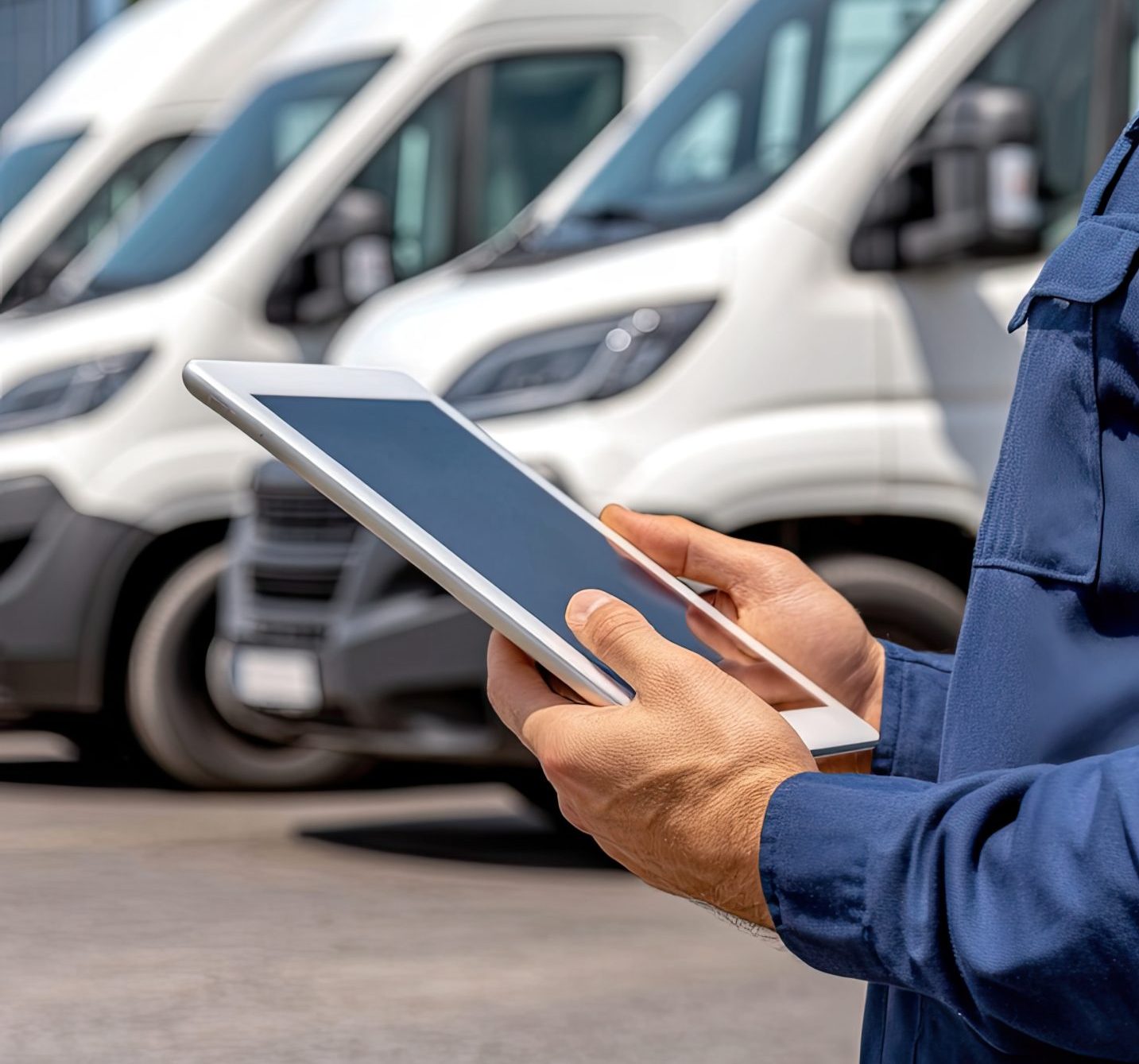 A manager examines a tablet, checking fleet details of white delivery vans parked neatly in a commercial lot under clear blue skies