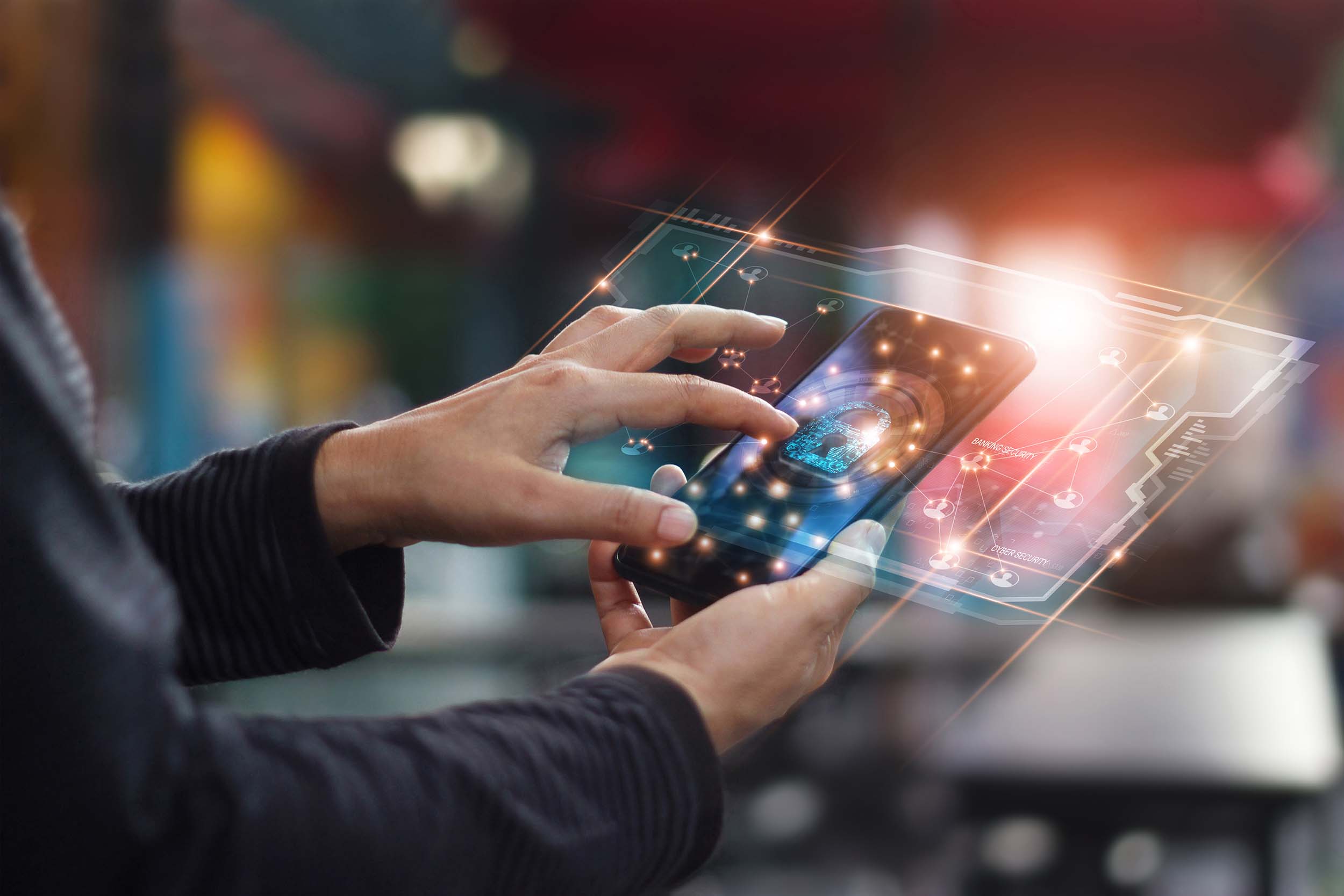 Cyber security. Data protection concept. Banking security. Hands touching digital icon padlock and network connection on mobile smartphone, virtual interface screen.