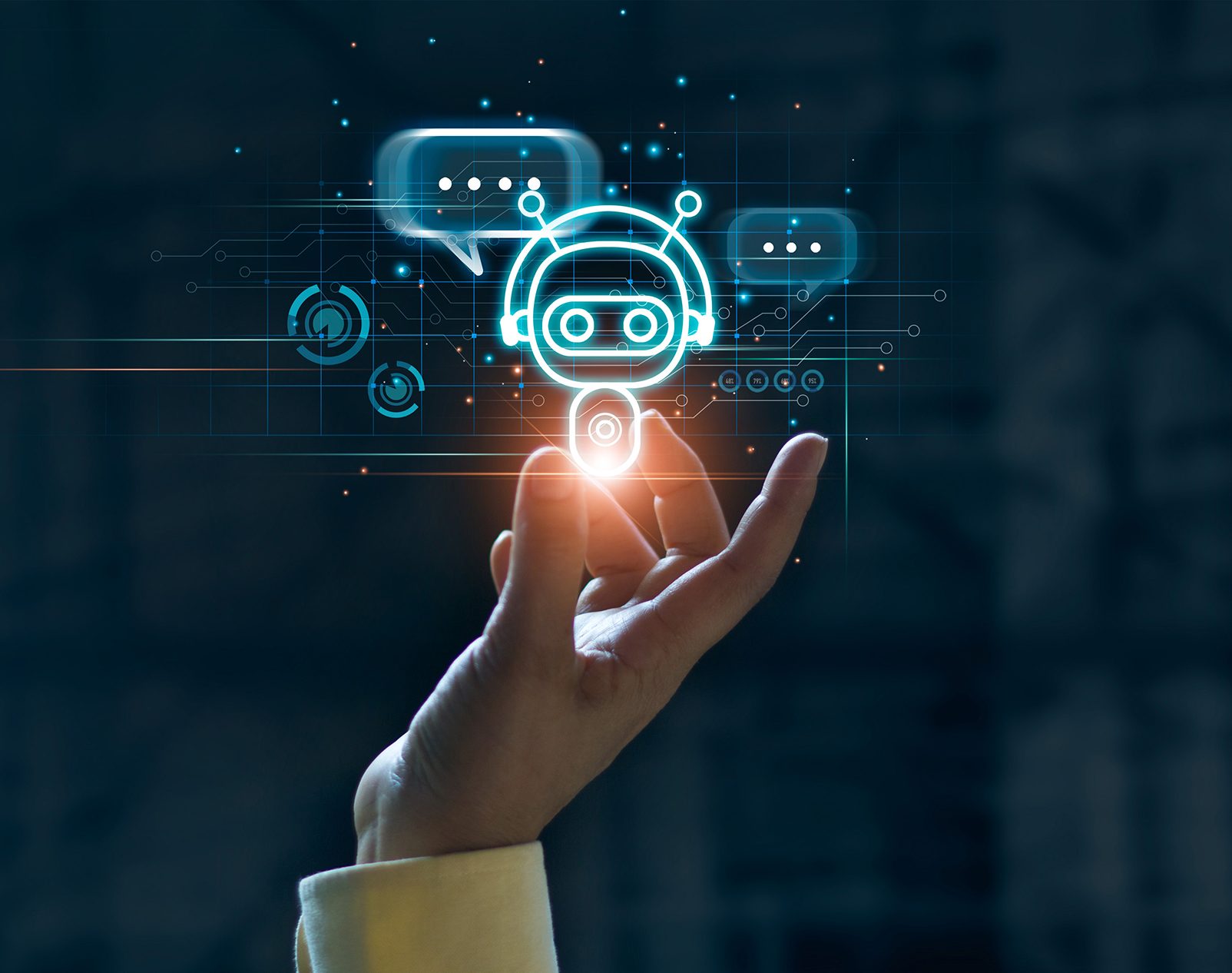 Hand touching digital chat bot for provide access to information and data in online network, robot application and global connection, AI, Artificial intelligence, innovation and technology.