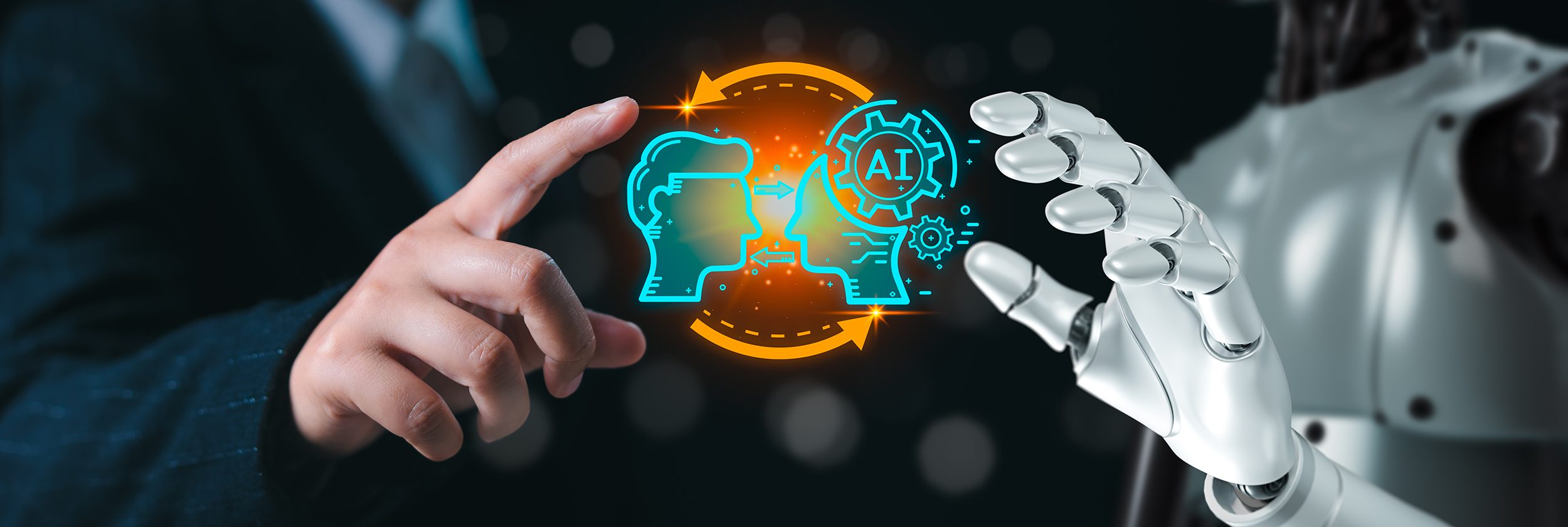 Human and robot hand as a symbol of connection between people and AI technology with chatbot communicate.Robot application, conversation assistant, Futuristic technology transformation.