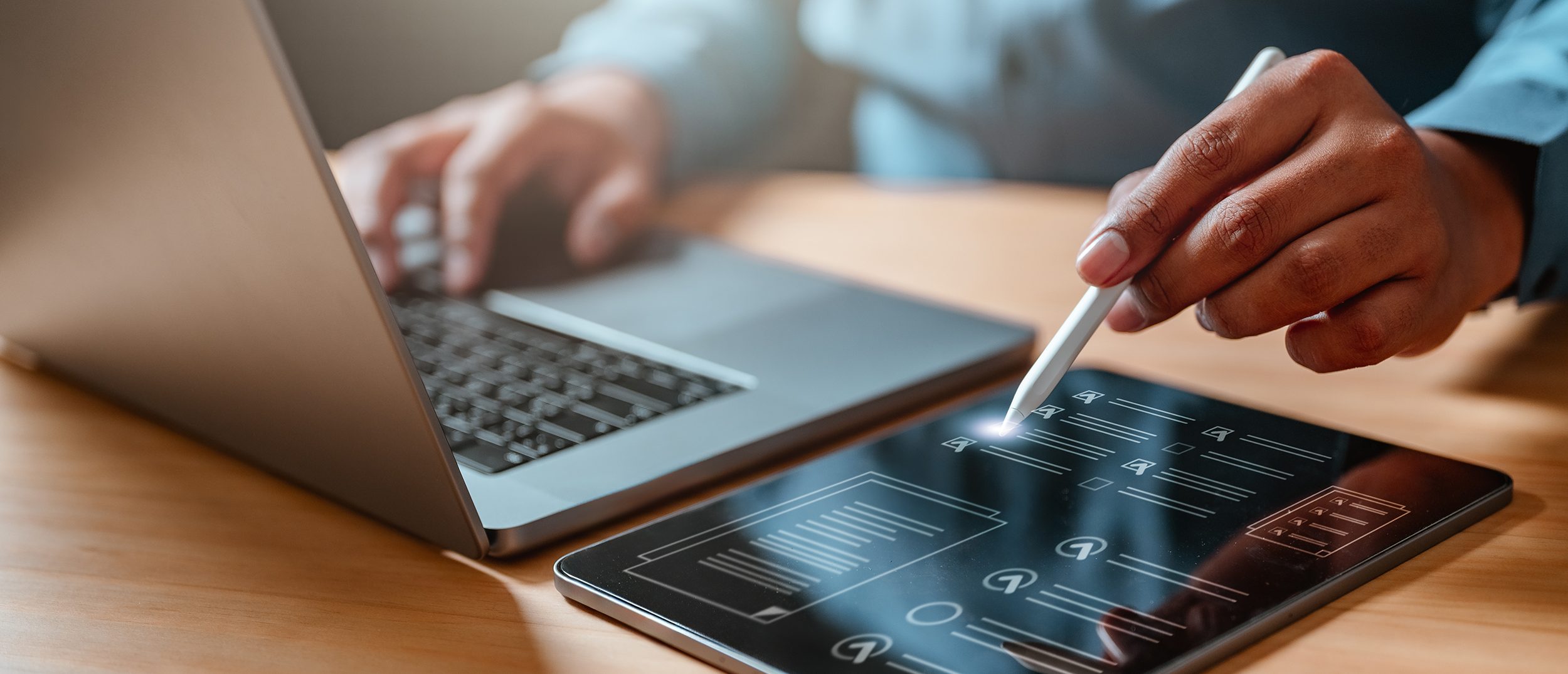 checklist ideas and survey form filling checklist and business report task management on tablet.