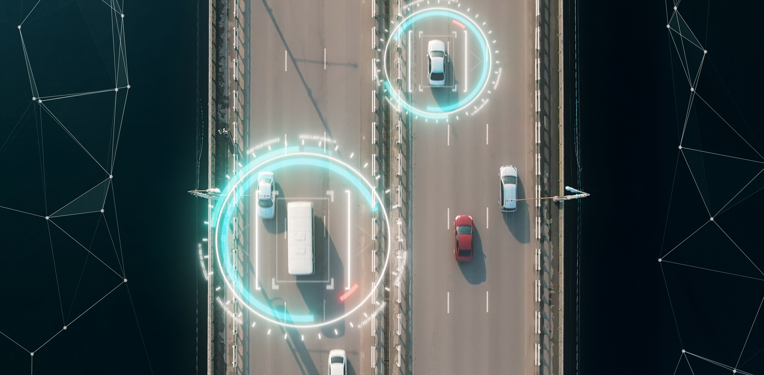 4k aerial view of self driving autopilot cars driving on a highway with technology tracking them, showing speed and who is controlling the car. Visual effects clip shot.